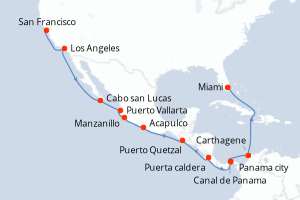 Carte de l'itinéraire de croisière San Francisco-Miami d'une durée de 18 jours