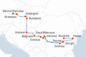 Carte de l'itinéraire de croisière Vienne (Danube)-Bucarest d'une durée de 10 jours
