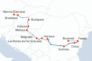 Carte de l'itinéraire de croisière Bucarest-Kalocsa d'une durée de 10 jours