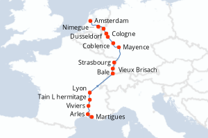 Carte de l'itinéraire de croisière Arles-Amsterdam d'une durée de 10 jours