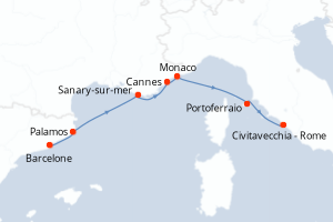 Carte de l'itinéraire de croisière Barcelone-Civitavecchia - Rome d'une durée de 7 jours