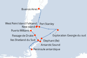 Carte de l'itinéraire de croisière Buenos Aires-Puerto Williams d'une durée de 21 jours