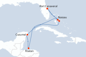 Carte de l'itinéraire de croisière Port Canaveral-Port Canaveral d'une durée de 7 jours