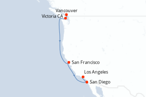 Carte de l'itinéraire de croisière Vancouver-Los Angeles d'une durée de 7 jours