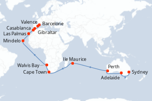 carte itinéraire croisière Australie Nouvelle Zélande 41 jours au départ du port de Sydney