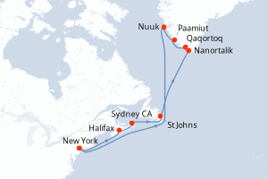 Carte de l'itinéraire de croisière New York-New York d'une durée de 18 jours