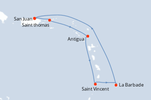 Carte itinéraire croisière Antilles, Europe du Nord - 7 jours au départ de San Juan - Caraïbes Bahamas