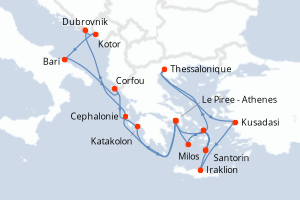 carte itinéraire croisière Méditerranée 14 jours au départ du port de Le Piree - Athenes