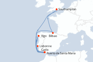 Carte de l'itinéraire de croisière Southampton-Southampton d'une durée de 9 jours