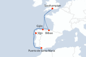 carte itinéraire croisière Europe du Nord 7 jours au départ du port de Southampton