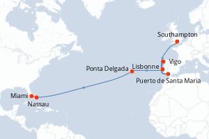 carte itinéraire croisière Transatlantique 14 jours au départ du port de Southampton
