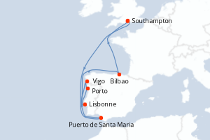 carte itinéraire croisière Europe du Nord 9 jours au départ du port de Southampton