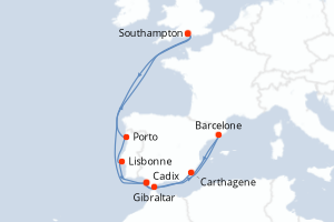carte itinéraire croisière Europe du Nord 12 jours au départ du port de Southampton