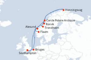 Carte de l'itinéraire de croisière Southampton-Southampton d'une durée de 12 jours