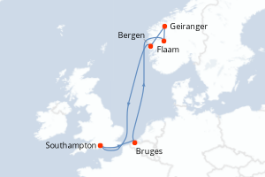 carte itinéraire croisière Fjörds norvégiens 7 jours au départ du port de Southampton