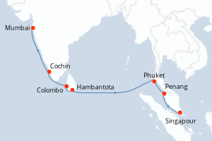 carte itinéraire croisière Mer Rouge Océan Indien 12 jours au départ du port de Singapour