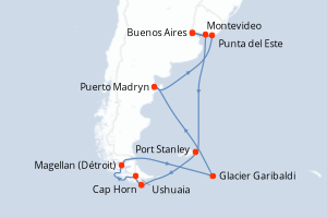 Carte de l'itinéraire de croisière Buenos Aires-Buenos Aires d'une durée de 14 jours
