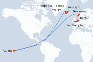 carte itinéraire croisière Fjörds norvégiens 11 jours au départ du port de Southampton