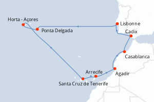 Carte de l'itinéraire de croisière Lisbonne-Lisbonne d'une durée de 10 jours