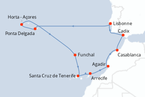 Carte de l'itinéraire de croisière Lisbonne-Lisbonne d'une durée de 11 jours
