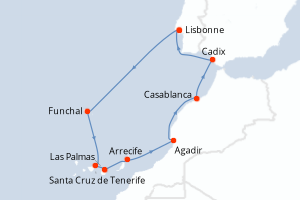 carte itinéraire croisière Atlantique 9 jours au départ du port de Lisbonne