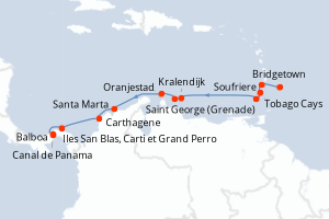 Carte de l'itinéraire de croisière Bridgetown-Balboa d'une durée de 14 jours