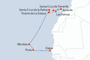 Carte de l'itinéraire de croisière Dakar-Las Palmas d'une durée de 10 jours