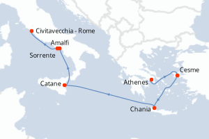 carte itinéraire croisière Sicile 7 jours au départ du port de Athenes