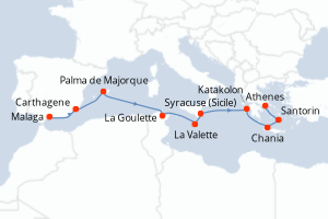 carte itinéraire croisière Sicile 10 jours au départ du port de Malaga