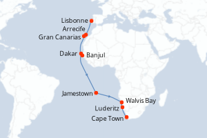 Carte de l'itinéraire de croisière Lisbonne-Cape Town d'une durée de 21 jours