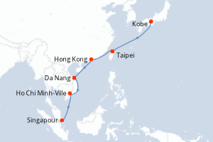 Carte de l'itinéraire de croisière Kobe-Singapour d'une durée de 14 jours