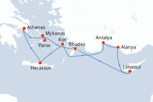 carte itinéraire croisière Méditerranée 10 jours au départ du port de Le Piree - Athenes