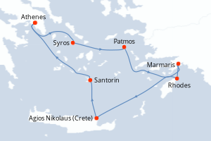 Carte de l'itinéraire de croisière Le Piree - Athenes-Le Piree - Athenes d'une durée de 7 jours