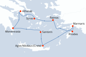 carte itinéraire croisière Méditerranée 8 jours au départ du port de Le Piree - Athenes