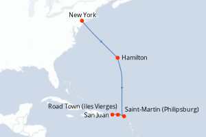 Carte de l'itinéraire de croisière New York-San Juan d'une durée de 9 jours