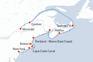 Carte de l'itinéraire de croisière Montréal-New York d'une durée de 10 jours