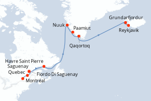 Carte de l'itinéraire de croisière Montréal-Reykjavik d'une durée de 16 jours