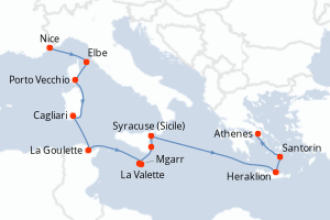 carte itinéraire croisière Sicile 12 jours au départ du port de Nice