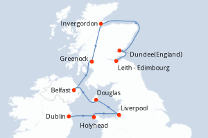 Carte de l'itinéraire de croisière Dublin-Leith - Edimbourg d'une durée de 13 jours