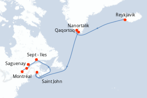 Carte de l'itinéraire de croisière Reykjavik-Montréal d'une durée de 14 jours