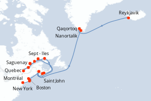 carte itinéraire croisière Amérique du Nord 26 jours au départ du port de Reykjavik