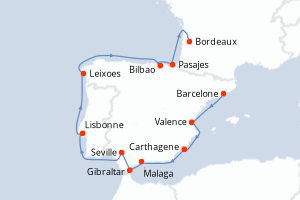 Carte de l'itinéraire de croisière Barcelone-Bordeaux d'une durée de 14 jours