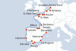 carte itinéraire croisière Europe du Nord 25 jours au départ du port de Barcelone