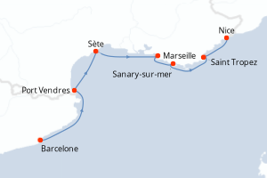 Carte de l'itinéraire de croisière Barcelone-Nice d'une durée de 7 jours