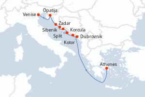 Carte de l'itinéraire de croisière Venise-Le Piree - Athenes d'une durée de 9 jours