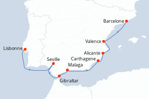 Carte de l'itinéraire de croisière Lisbonne-Barcelone d'une durée de 10 jours