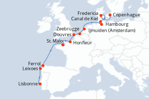 carte itinéraire croisière Europe du Nord 13 jours au départ du port de Lisbonne