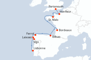 carte itinéraire croisière Atlantique 11 jours au départ du port de Portsmouth