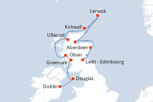 Carte de l'itinéraire de croisière Leith - Edimbourg-Dublin d'une durée de 10 jours