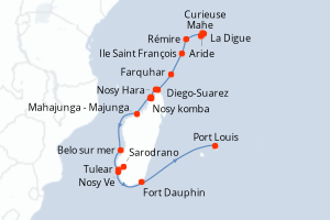 Carte de l'itinéraire de croisière Mahe-Port Louis d'une durée de 24 jours